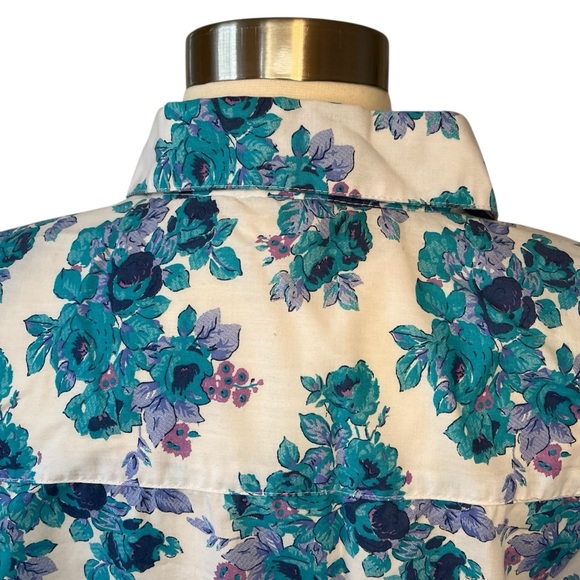 Vintage 90s floral print button down short sleeve shirt white blue M - Picture 4 of 16